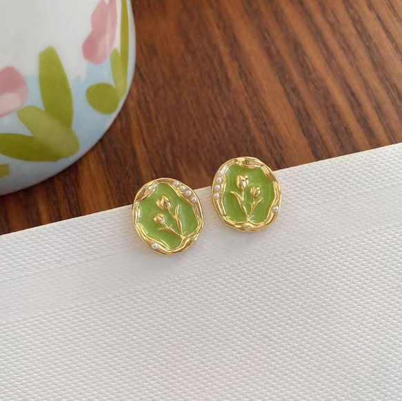 UNI-10908 - Green Tulip Flower Gold - Earring