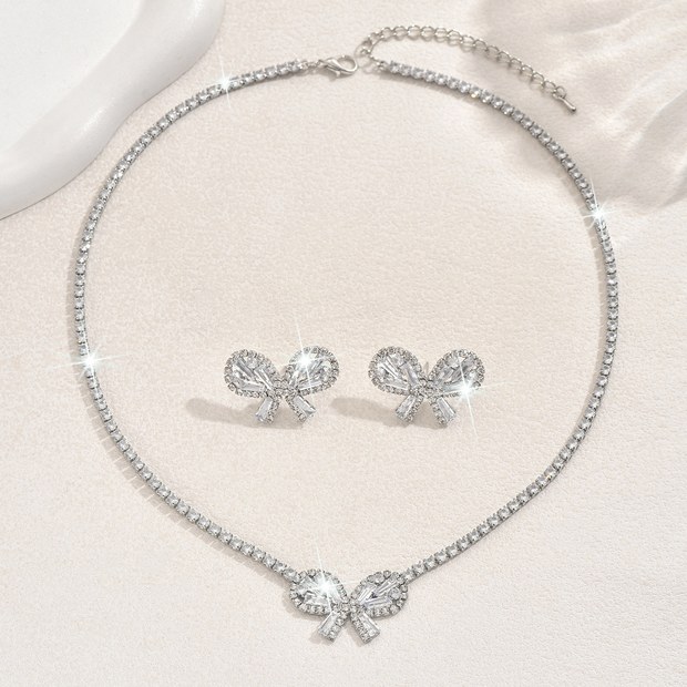 UNI-11379 - White Fancy Bow Diamonds Silver - Jewelry Set