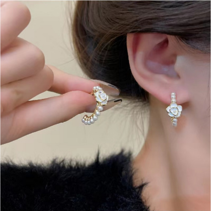 UNI-10021 - Pearl Rose Flower Gold - Earring