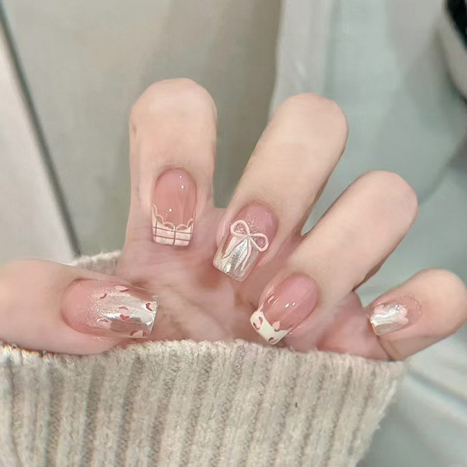 N-154 - Bow & Shiny Pink - Press On Nail Set Of 24 - Free 24 Pcs Sticker Sheet Included