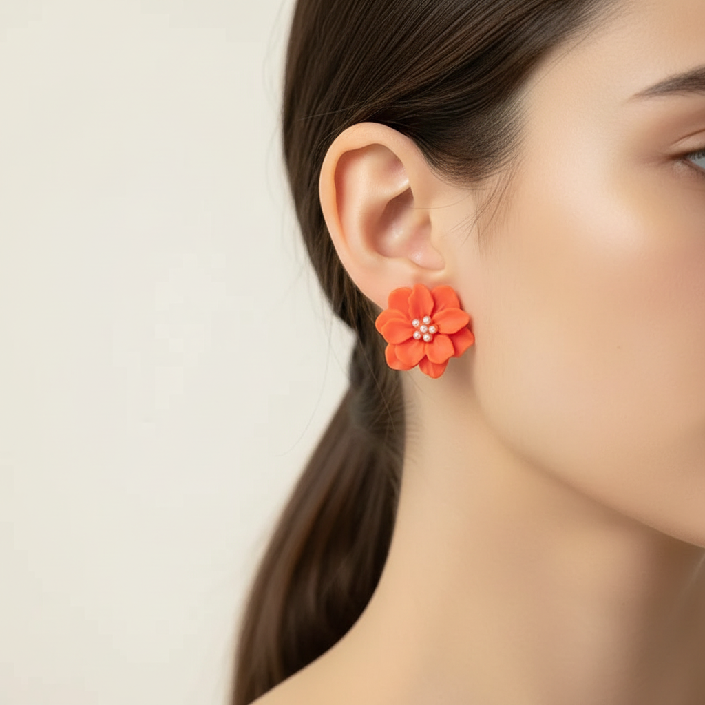 UNI-10571-5 - Orange Pearly Flower - Earring