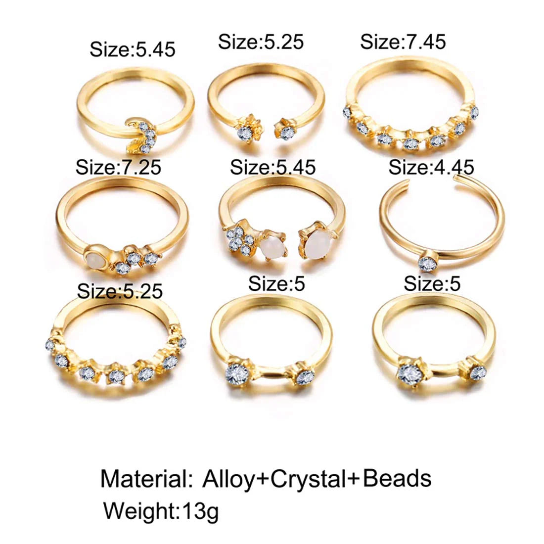 UNI-10168-33 - Moon & Star Sparkle Gold - Ring Set Of 9