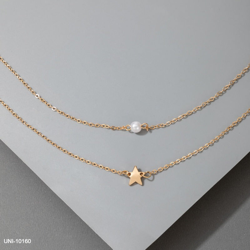 UNI-10160 - Pearl & Star Gold 2 Layered - Necklace