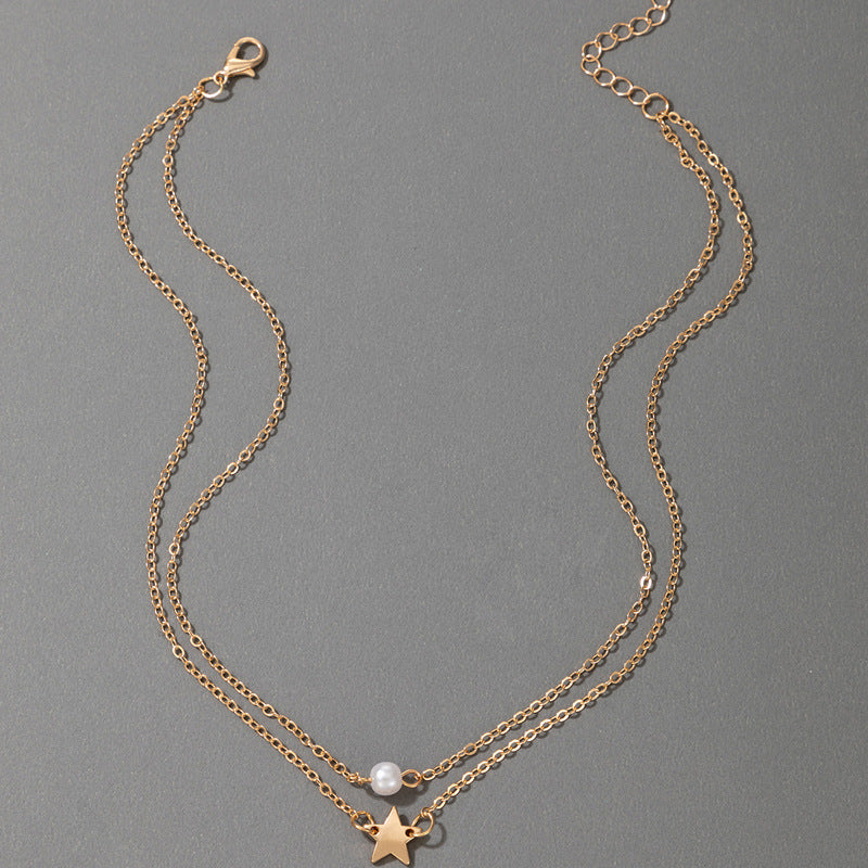 UNI-10160 - Pearl & Star Gold 2 Layered - Necklace