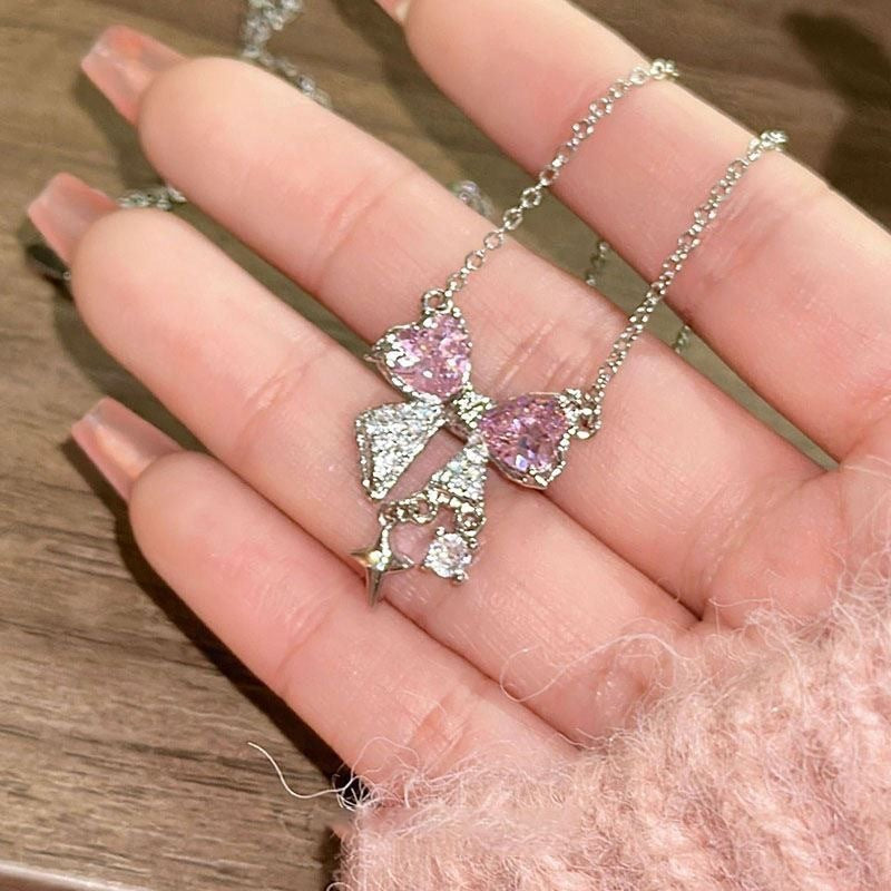 UNI-10247 - Blinky Pink Bow Silver - Necklace