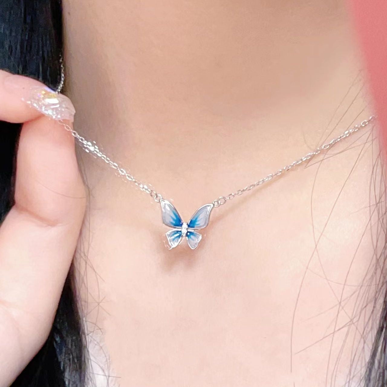 UNI-10248 - Blue Butterfly Silver - Necklace