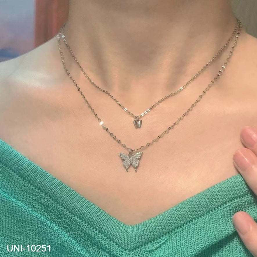 UNI-10251 - Butterfly Double Layer Silver - Necklace