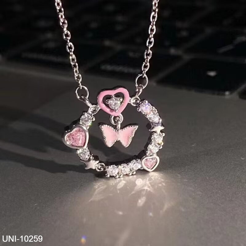 UNI-10259- Pink Butterfly & Heart Circle  - Necklace