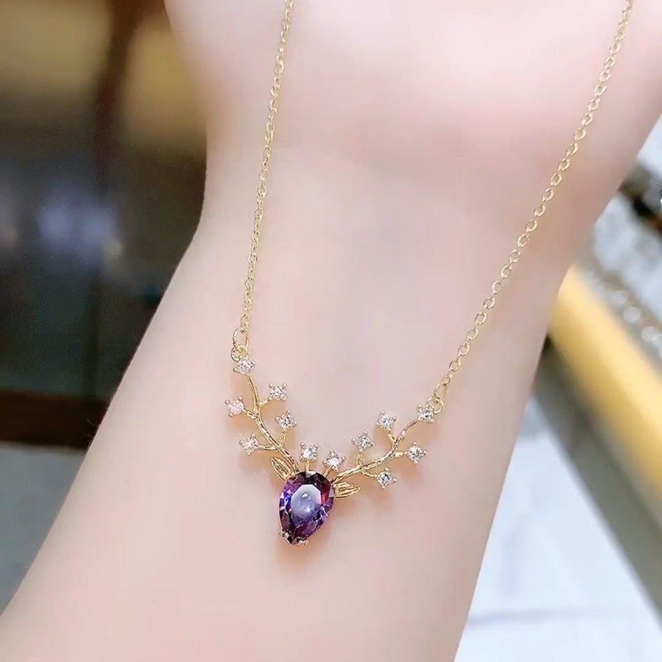 UNI-10287 -  Purple Diamond Deer Gold - Necklace