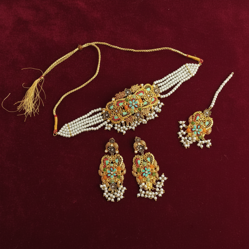 PJ-207 - Mint Green Diamonds Gold Mala - Jewelry Set