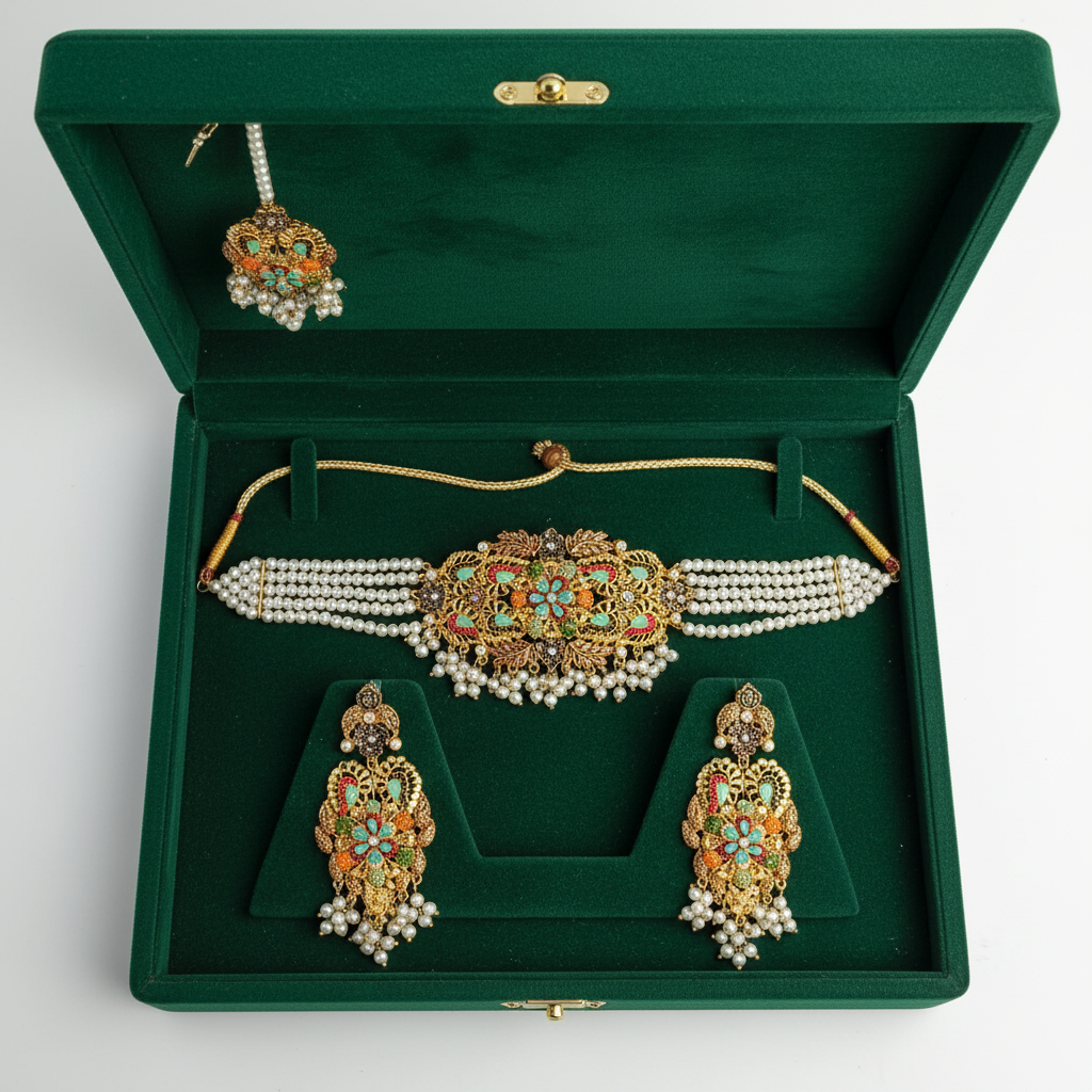 PJ-207 - Mint Green Diamonds Gold Mala - Jewelry Set