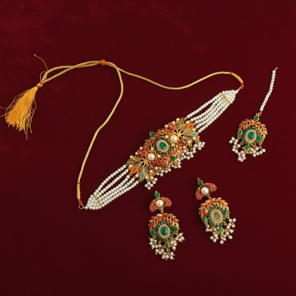 PJ-208 - Dark Green Diamonds Gold Mala - Jewelry Set