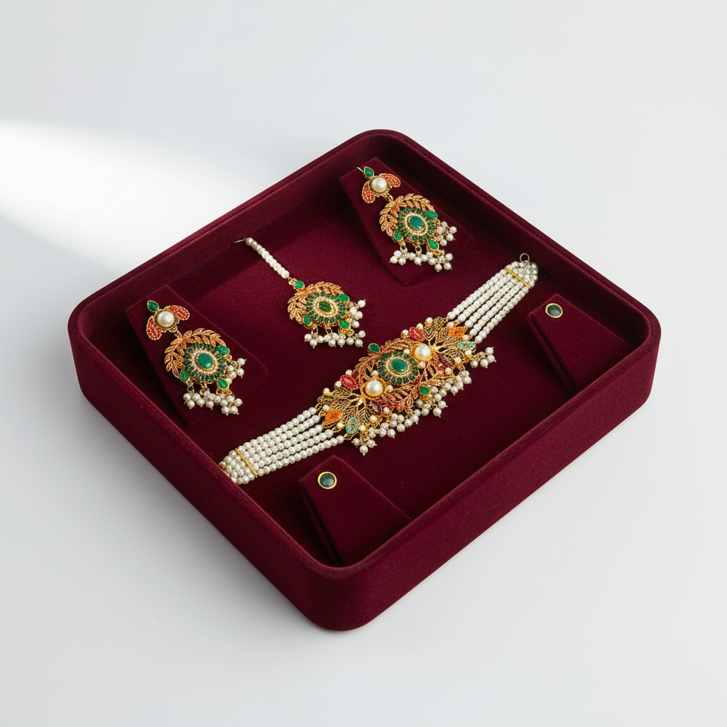 PJ-208 - Dark Green Diamonds Gold Mala - Jewelry Set