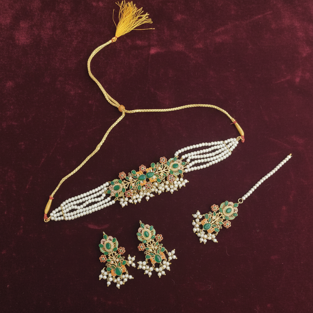 PJ-153 - Green & Gold Mala - Jewelry Set