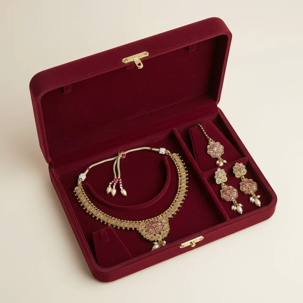 PJ-125 - Premium Gold Flowers Pink Diamonds Jewelry Set