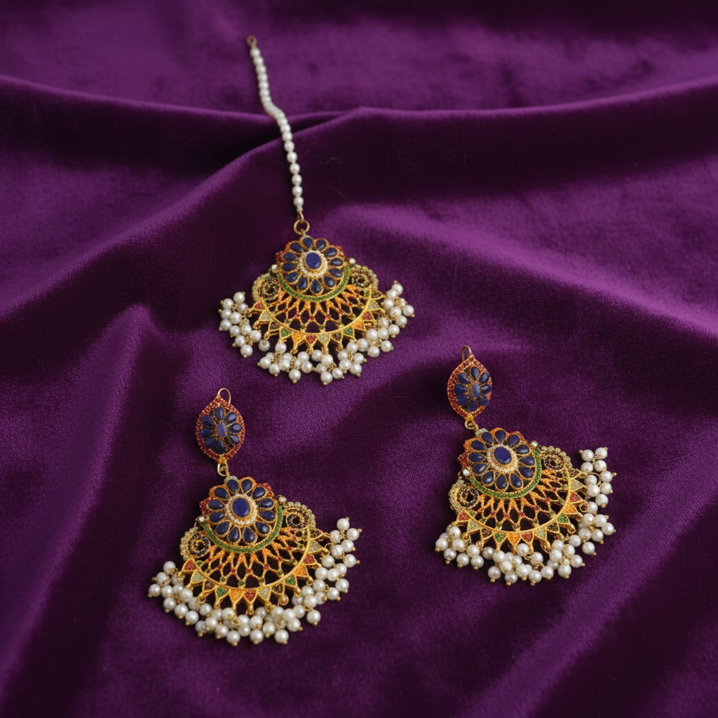 PJ-160 - Luxury Pearls & Navy Blue Diamonds Gold - Jewelry Set