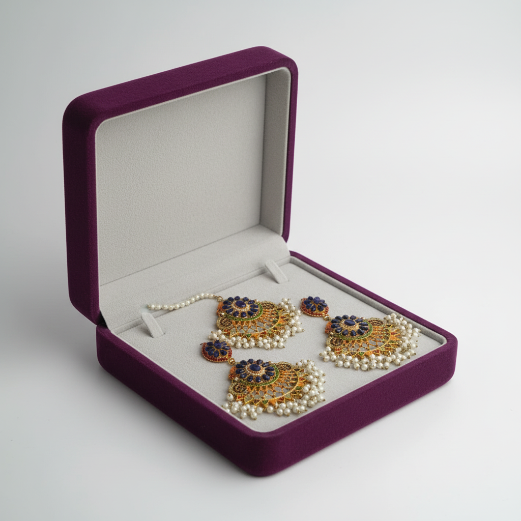 PJ-160 - Luxury Pearls & Navy Blue Diamonds Gold - Jewelry Set