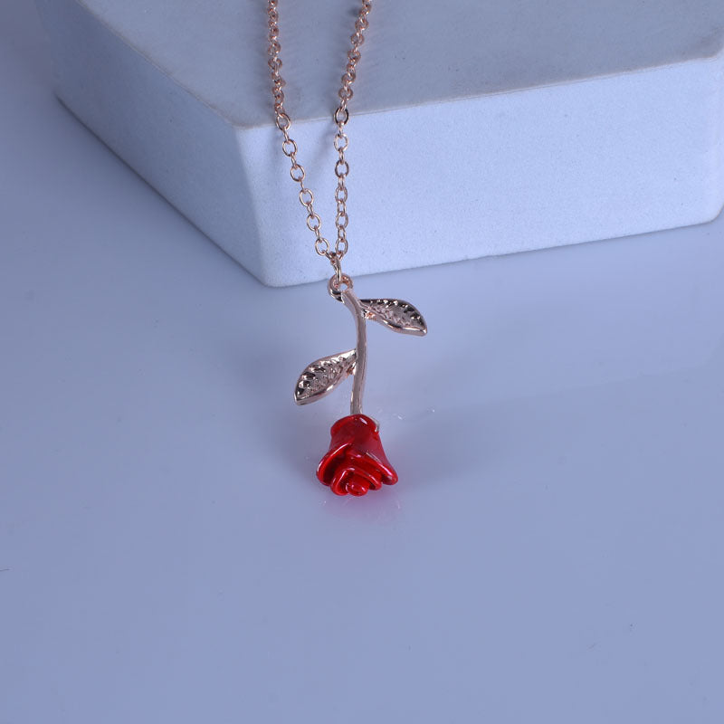 UNI-10500 - Rose Gold & Red Rose Flower - Necklace
