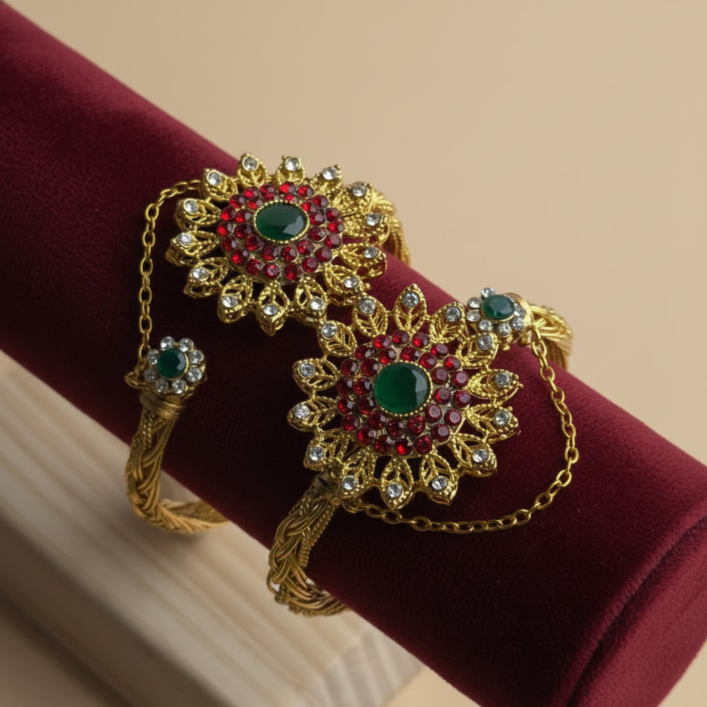 CH-93 - Luxury Diamonds Flower Gold - Bangle Set Of 2 Style 9