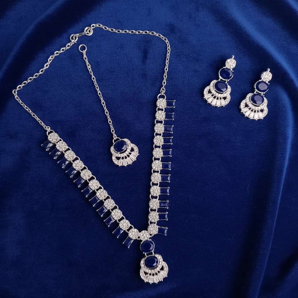 PJ-115 - Crystal Long Mala Silver - Jewelry Set
