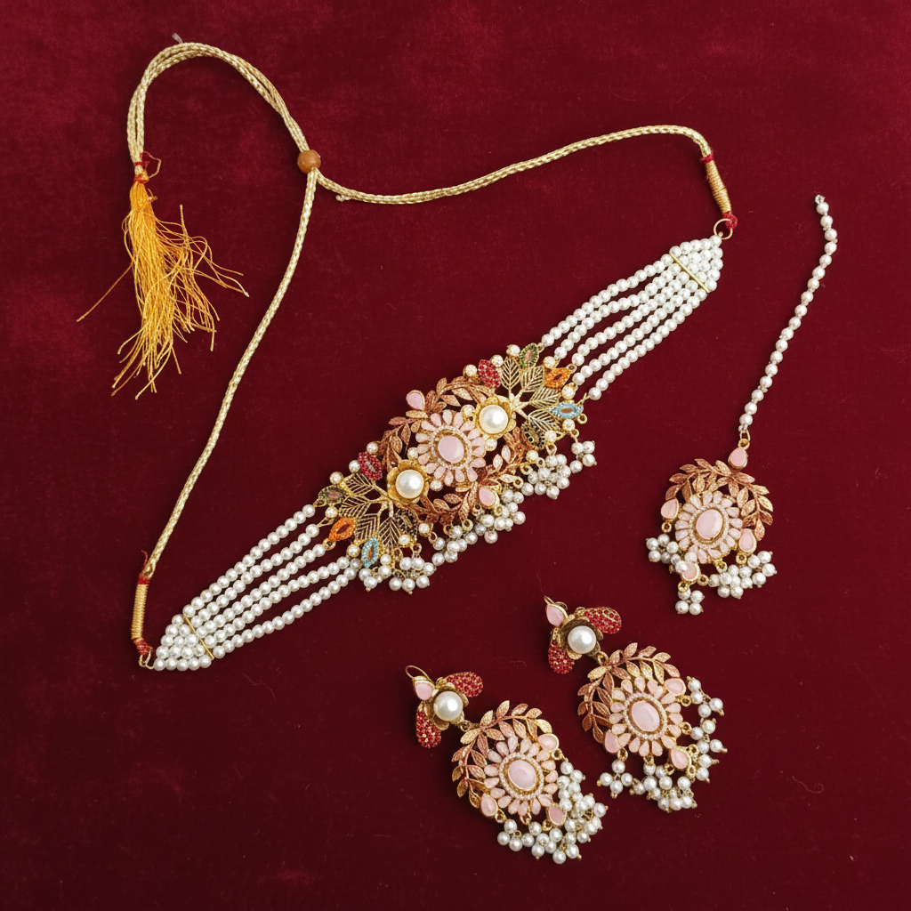 PJ-146 - Fancy Flower & Leaves Mala - Jewelry Set Style 1