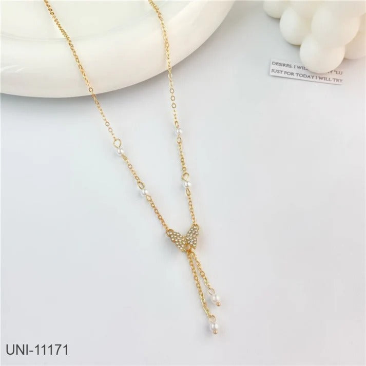 UNI-11171 - Pearl & Gold Butterfly Charm - Necklace
