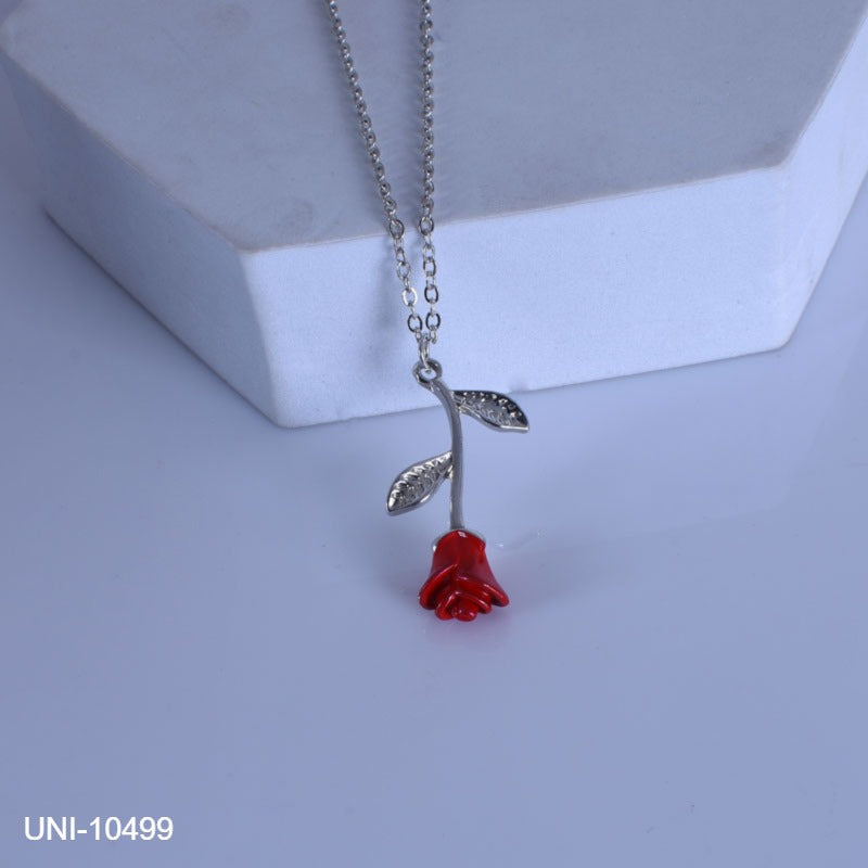 UNI-10499 - Silver & Red Rose Flower - Necklace