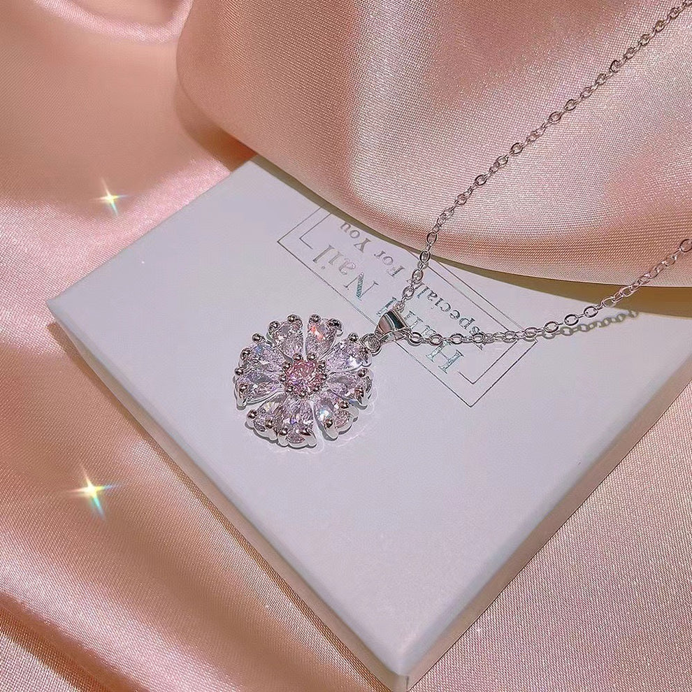 UNI-11033-1 - Pink Diamond Flower Silver - Necklace