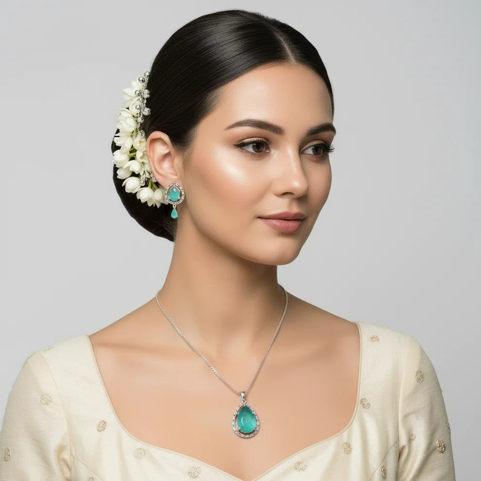 PJ-102 - Turquoise Natural Stone Silver - Jewelry Set