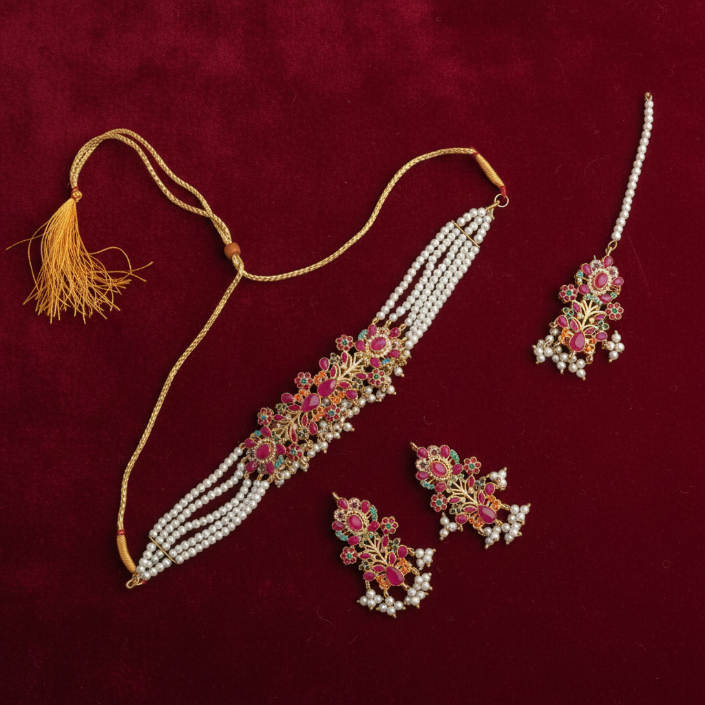 PJ-150 - Hot Pink & Gold Mala - Jewelry Set
