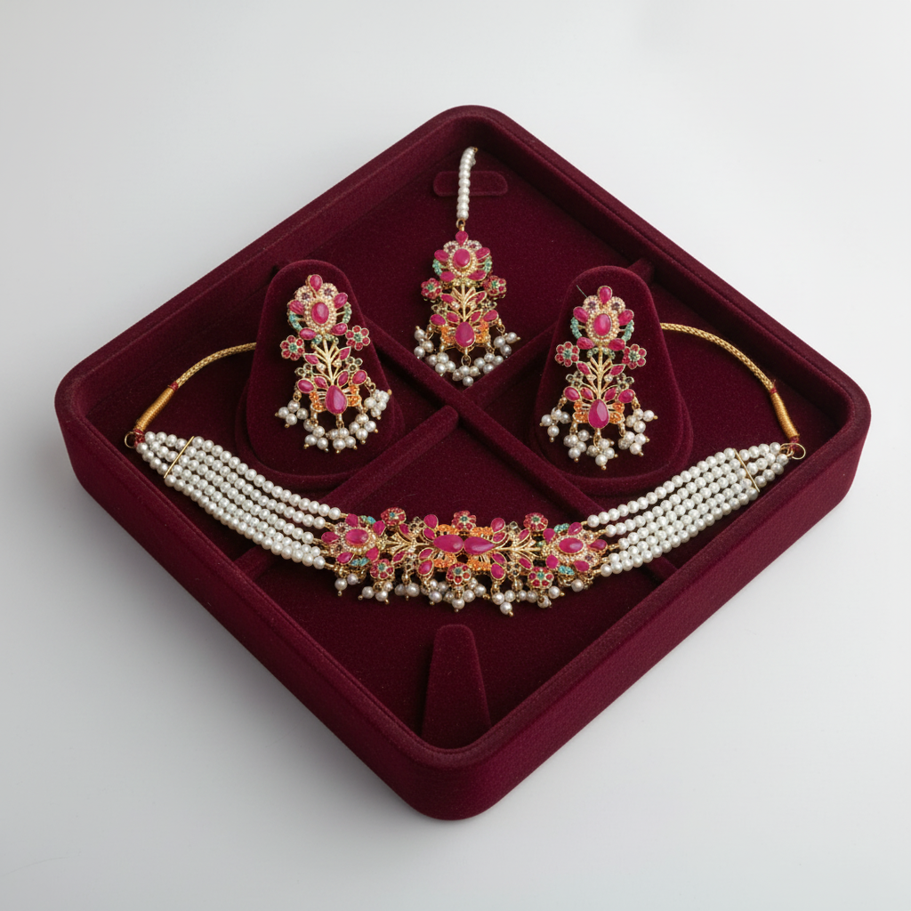PJ-150 - Hot Pink & Gold Mala - Jewelry Set