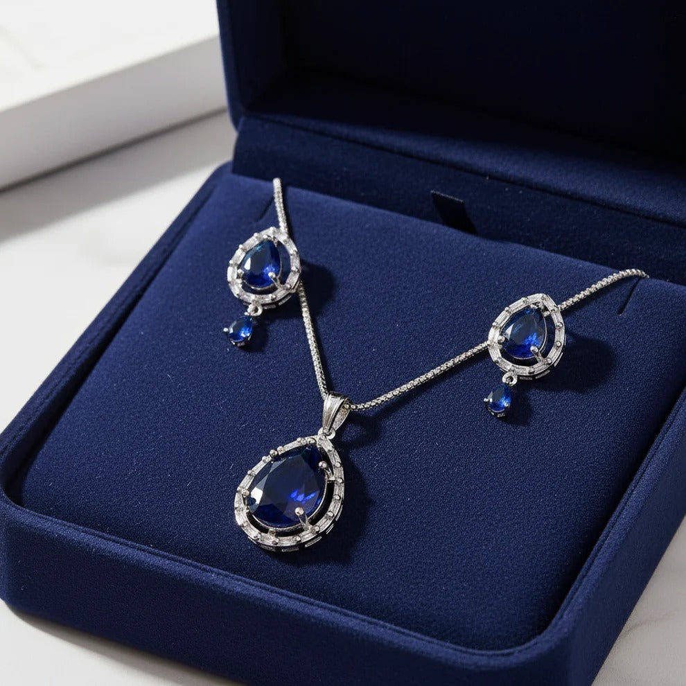 PJ-103 - Navy Blue Natural Stone Silver - Jewelry Set