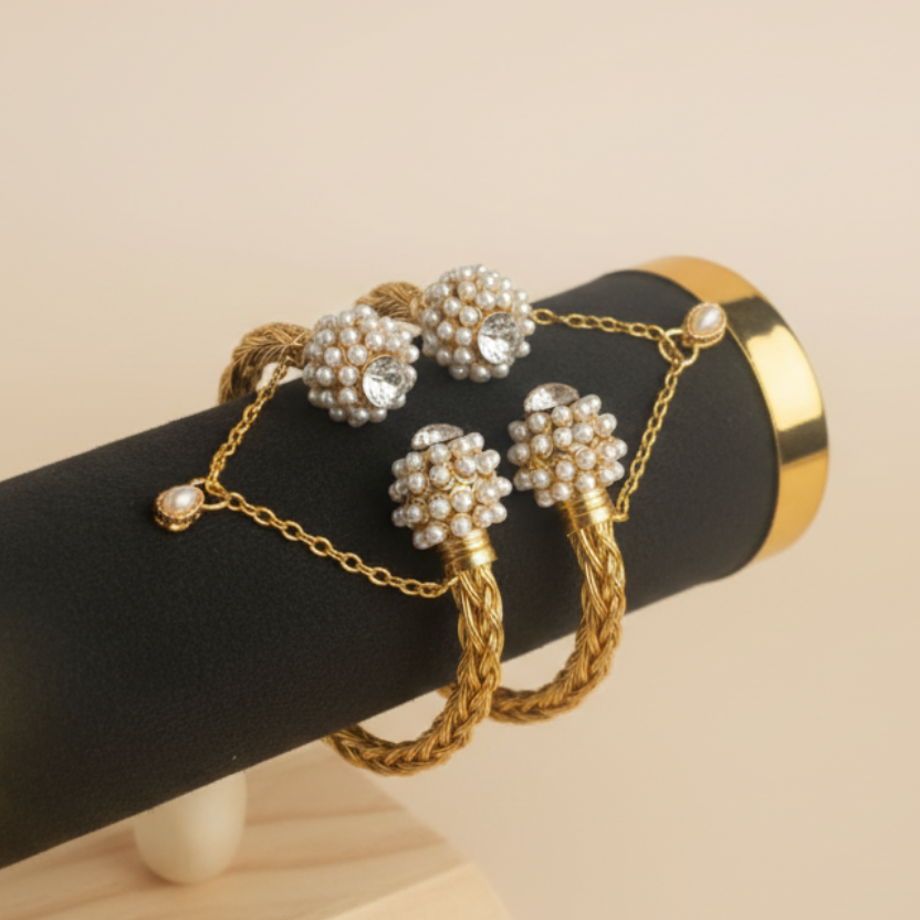 CH-61 - Luxury White Pearl & Diamond Gold - Bangle Set Of 2