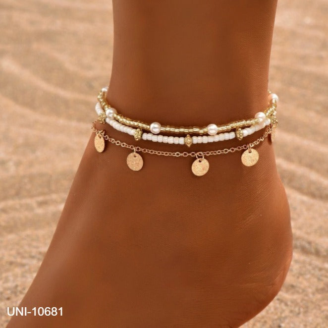 UNI-10681 - Beaded Pearl & Gold Chain - Anklet Set of 3