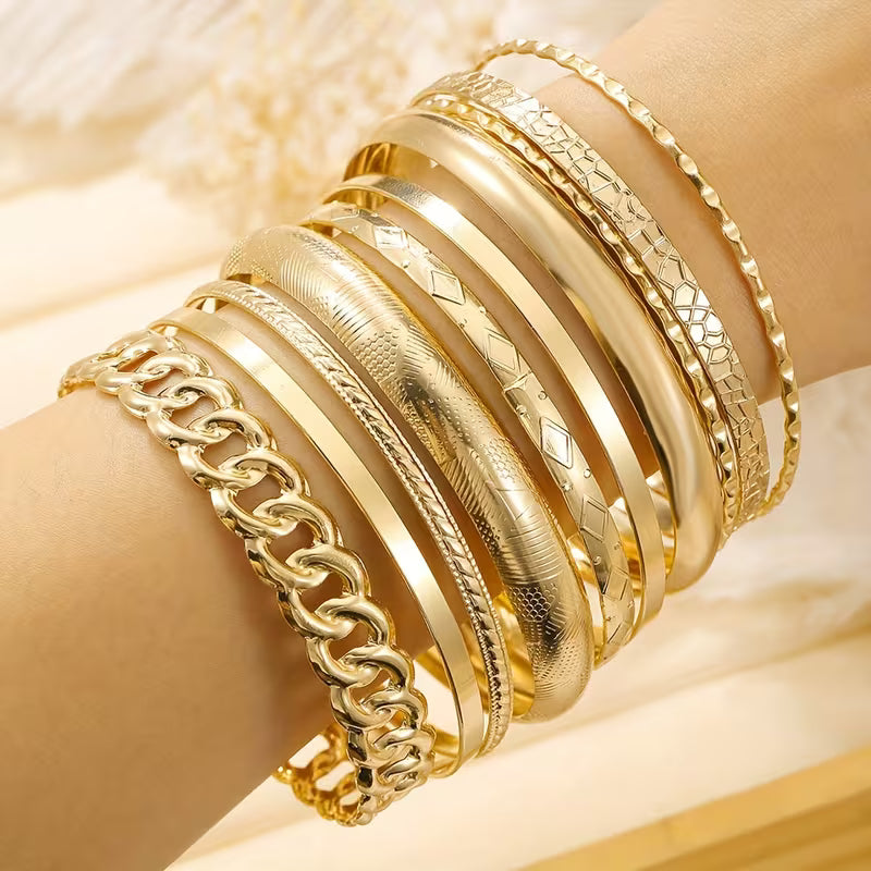 UNI-10636-7 - Classy Gold Bangle - Bracelet Set Of 10