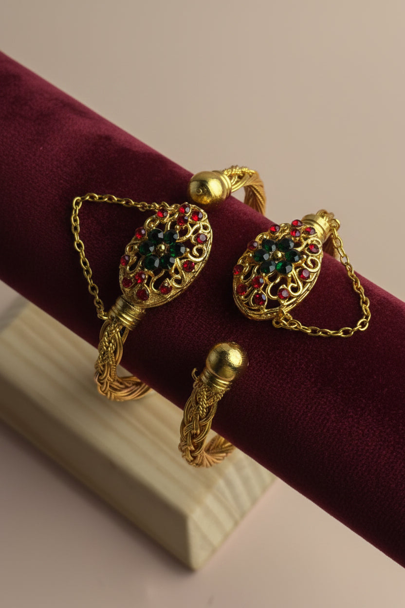 CH-100 - Red & Green Diamonds Gold - Bangle Set Of 2