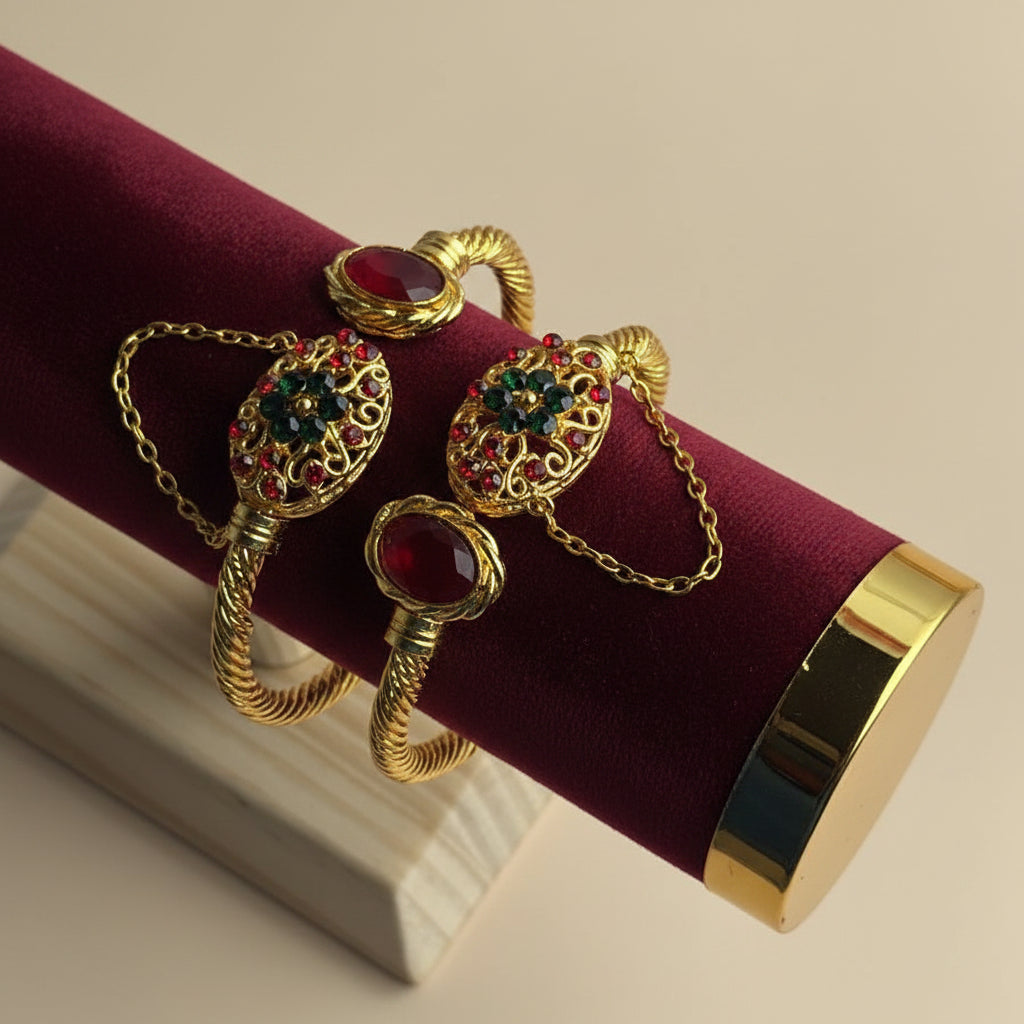 CH-77 - Green & Red Diamonds Gold - Bangle Set Of 2