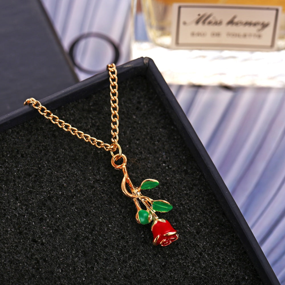 UNI-10653 - Red Rose Flower Gold - Necklace