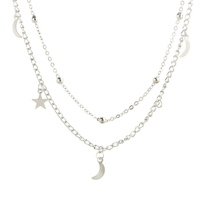 UNI-10457 - Silver Moon & Star Double Layer - Necklace