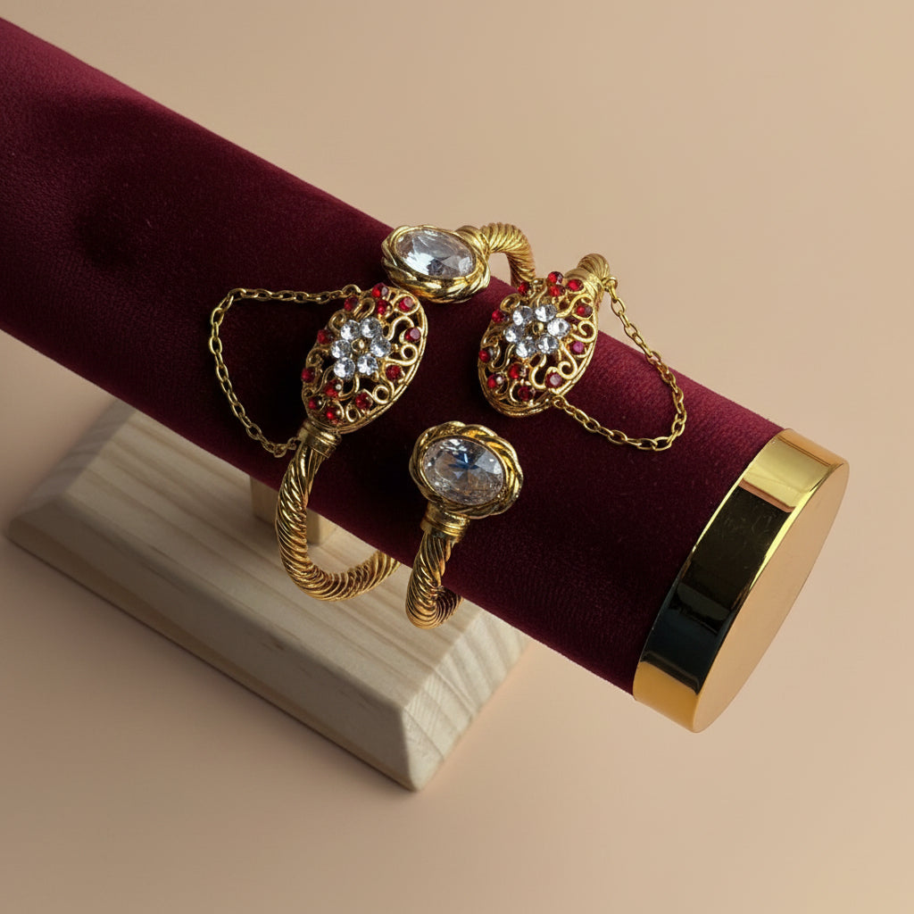 CH-76 - White & Red Diamonds Gold - Bangle Set Of 2
