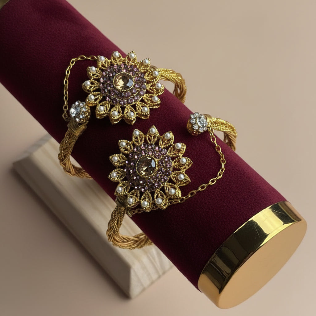 CH-97 - Luxury Diamonds Flower Gold - Bangle Set Of 2 Style 13