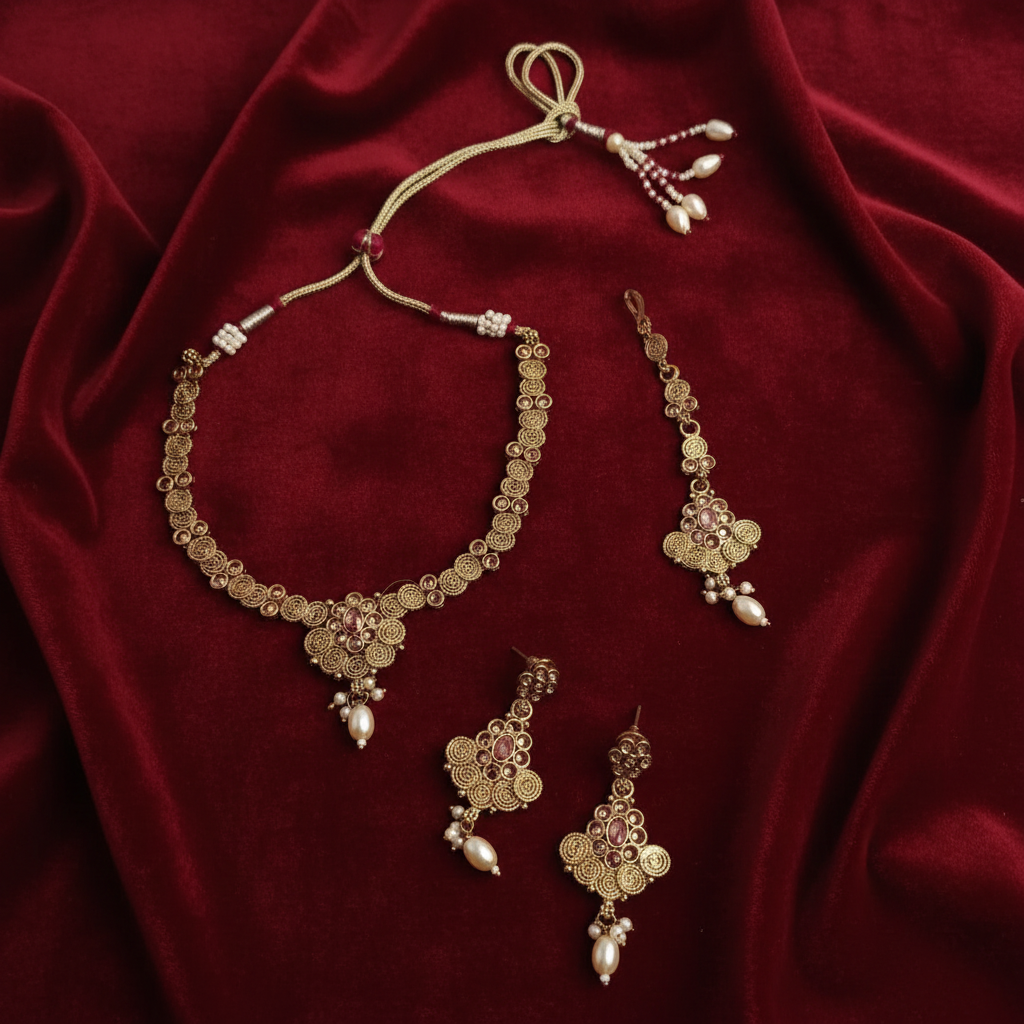 PJ-131- Premium Diamonds Pink & Gold Flowers - Jewelry Set