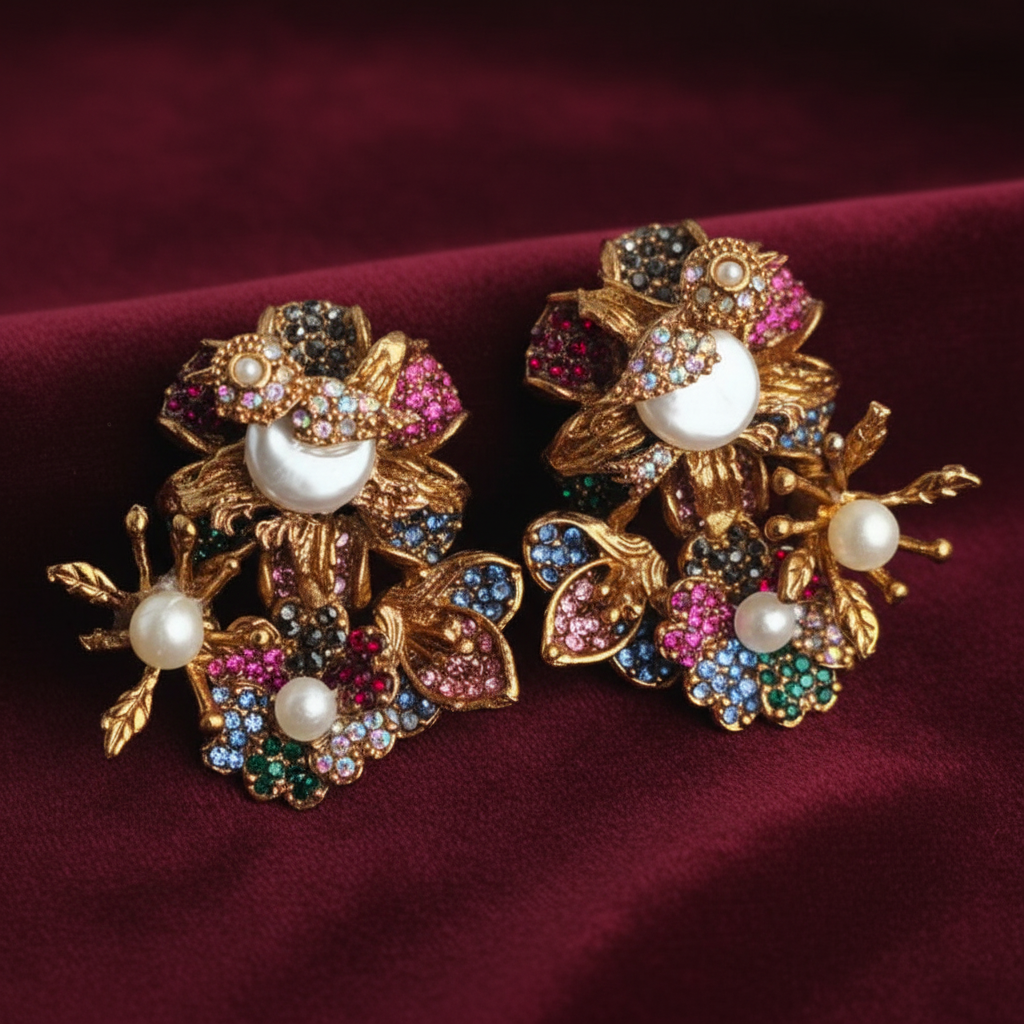 PJ-198 - Multi Flower Leaf Luxury Vintage Gold - Earring