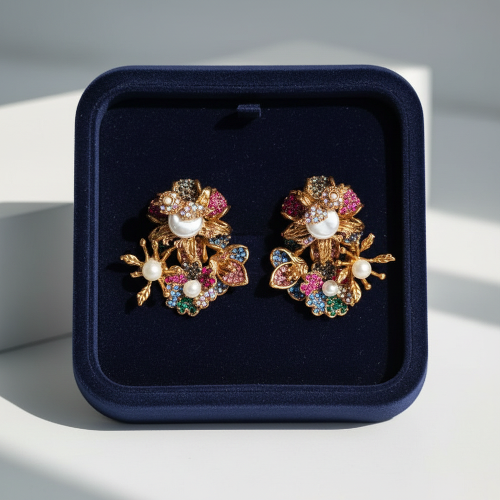 PJ-198 - Multi Flower Leaf Luxury Vintage Gold - Earring