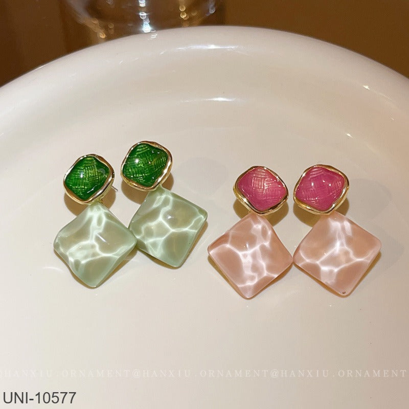 UNI-10577 - Watercolor Pink & Green Stone - Earring