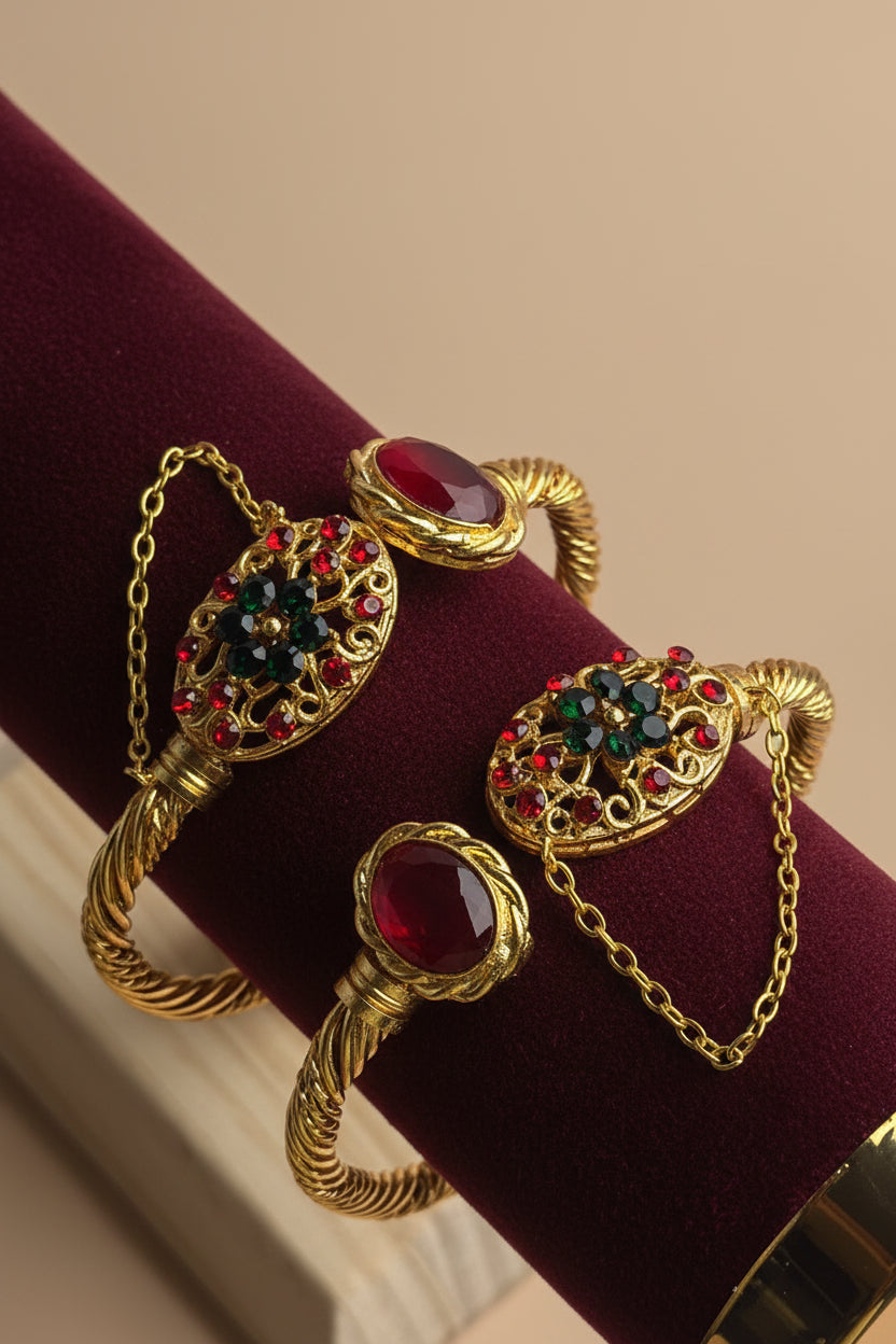 CH-98 - Green & Red Diamonds Gold - Bangle Set Of 2