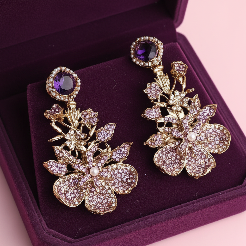PJ-142 - Lilac Diamonds Flower Vintage Gold - Earring