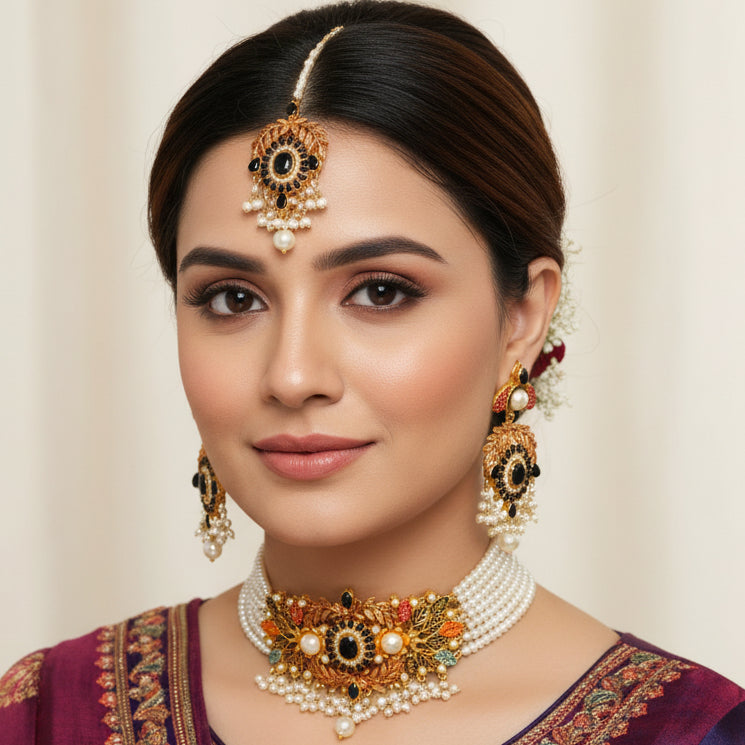 PJ-177 - Luxury Pearl & Diamonds Mala - Jewelry Set Style 4