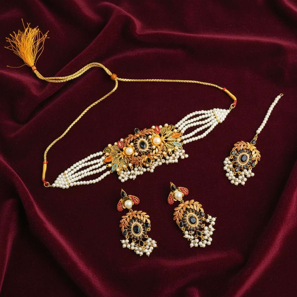 PJ-177 - Luxury Pearl & Diamonds Mala - Jewelry Set Style 4