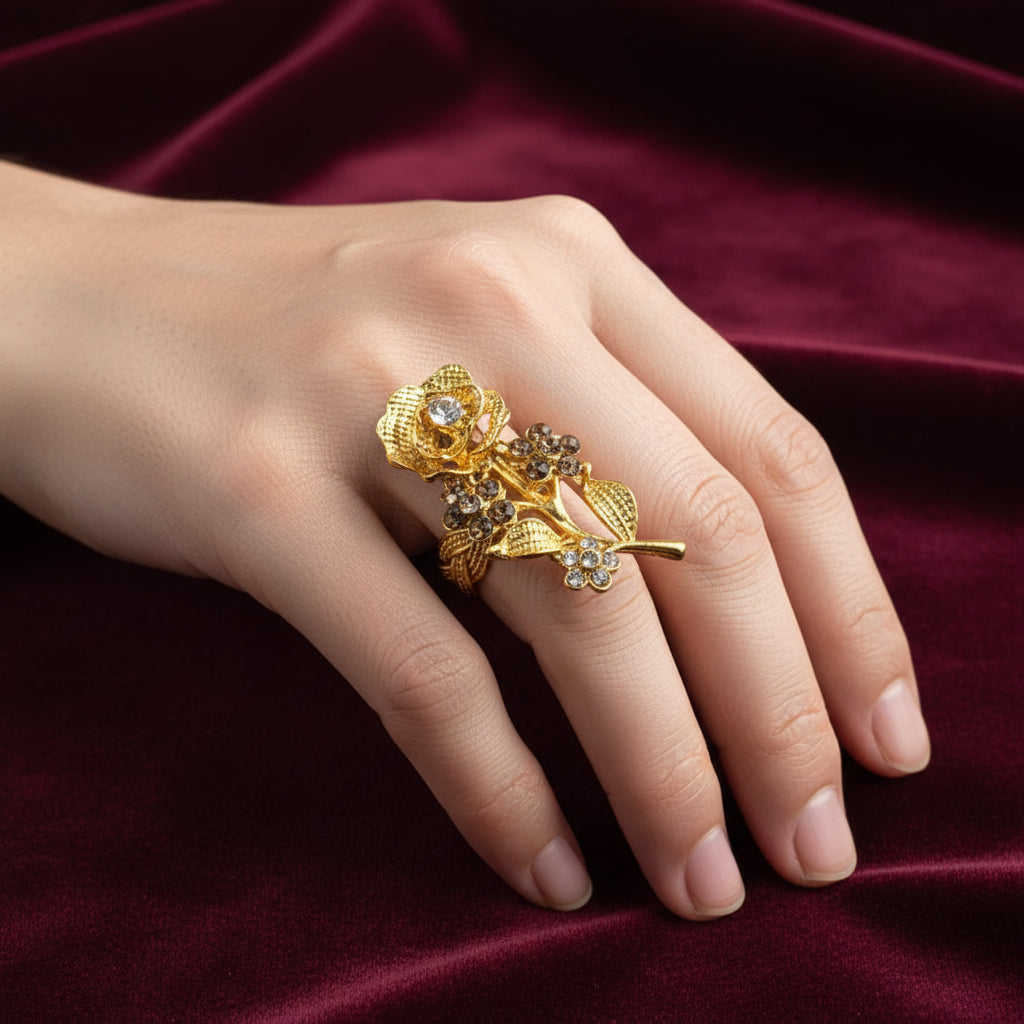 R-114 - Gold Rose Flower Diamonds - Ring